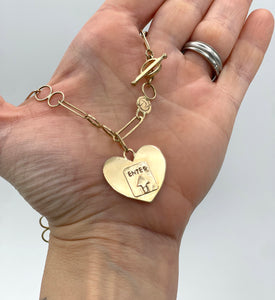 14K Road Sign Heart Pendant, Large Handmade DO NOT ENTER Heart Charm in Solid Gold
