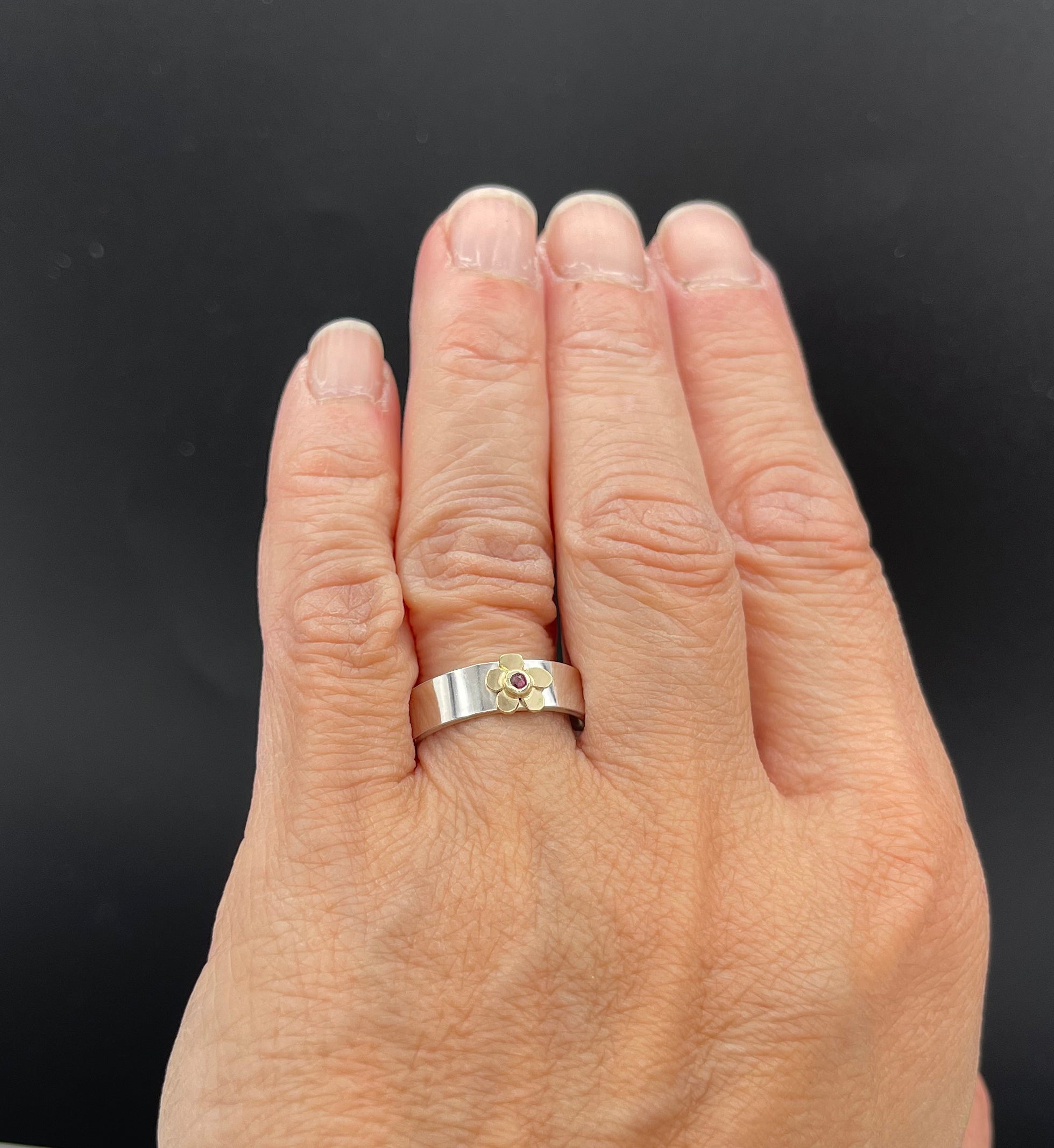 Verbena Flower Ring, Sterling and 14K Ruby Flower Ring, One of a Kind