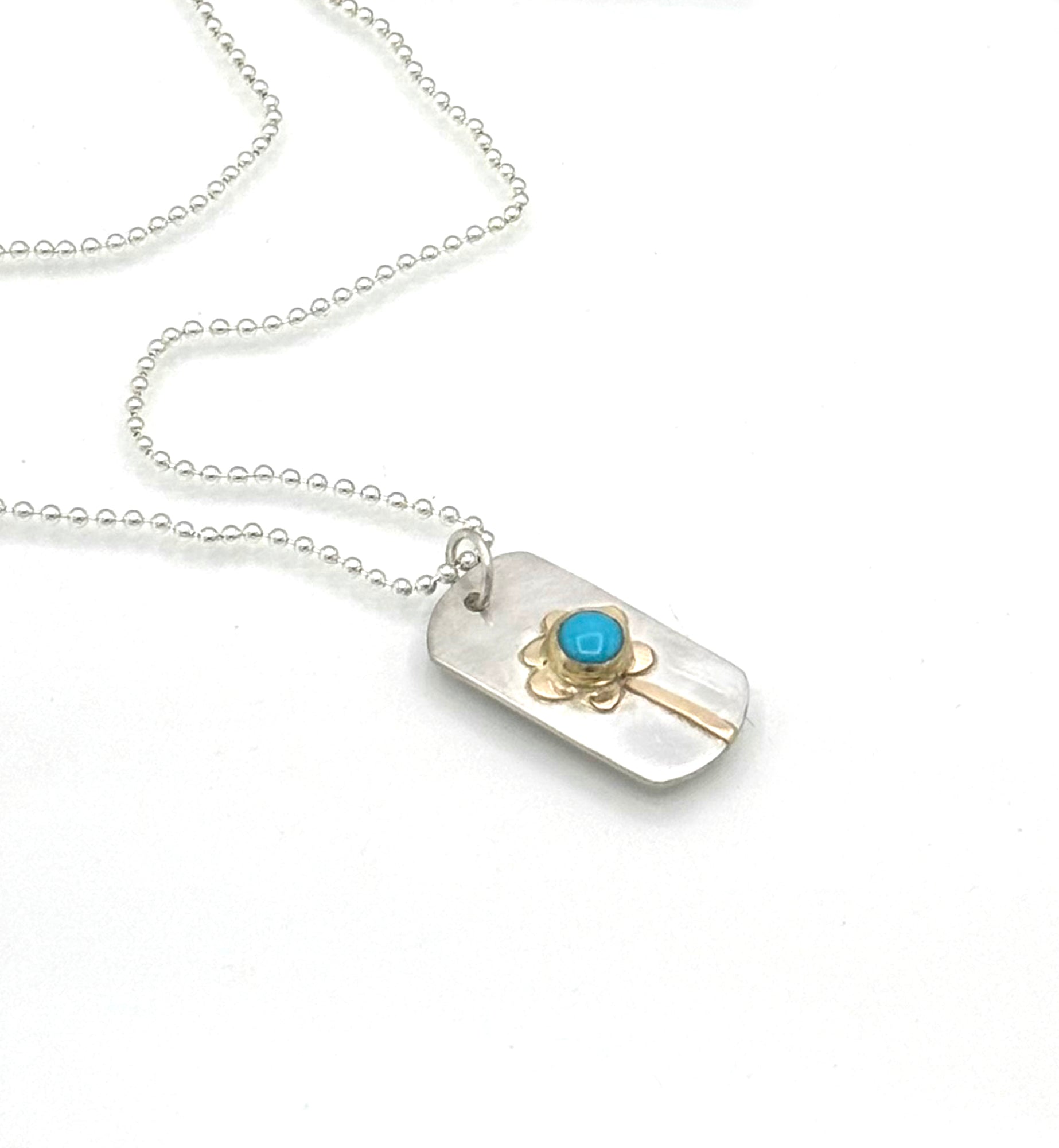 Turquoise Flower Dog Tag Pendant Necklace, 14K Solid Gold and Sterling Silver