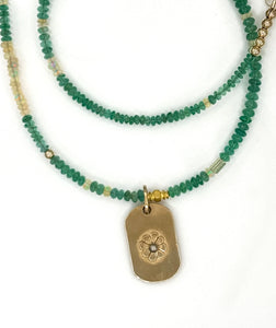 14K, Emerald Necklace with Opals and Flower Dog Tag Pendant, One of a Kind