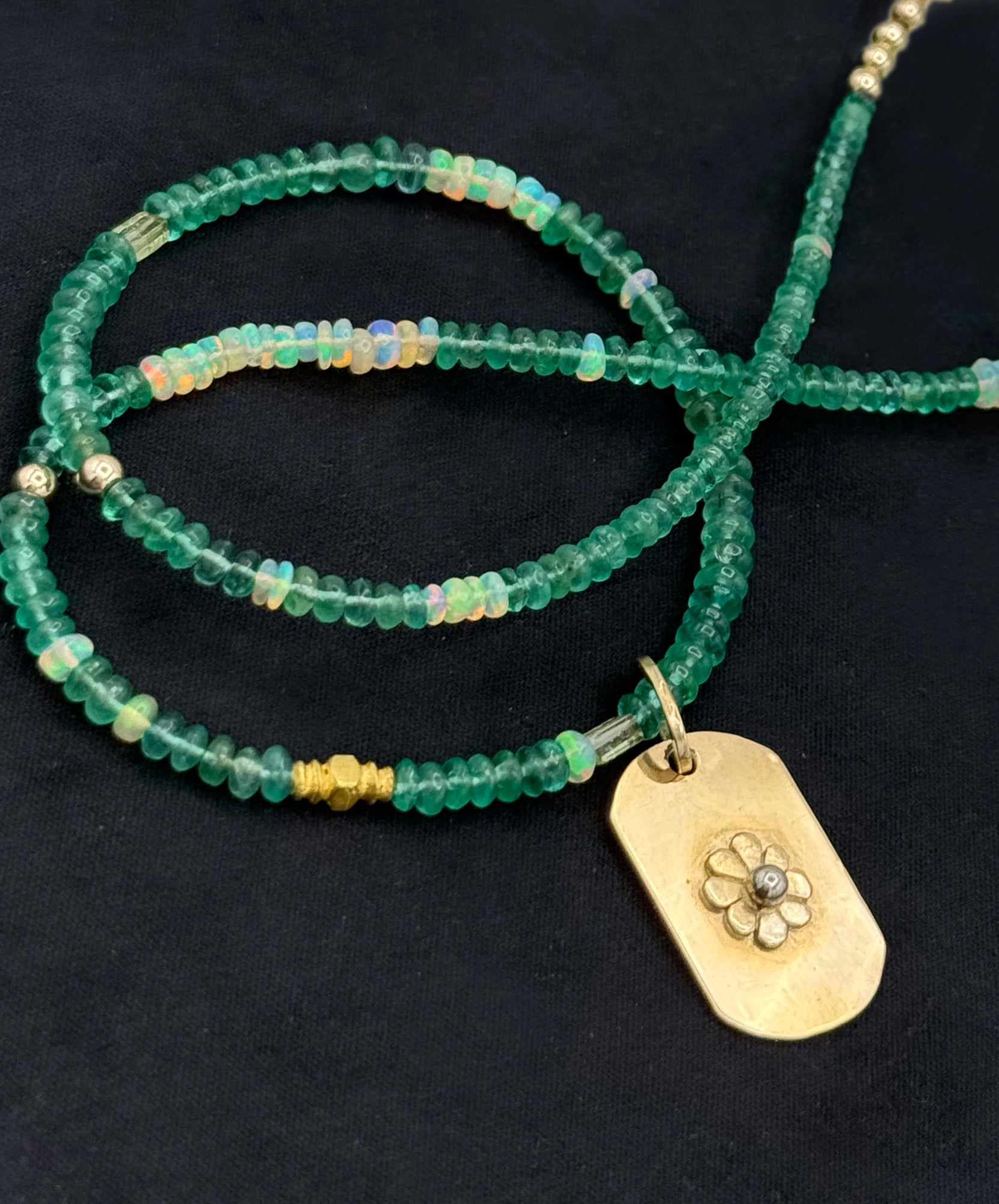 14K, Emerald Necklace with Opals and Flower Dog Tag Pendant, One of a Kind