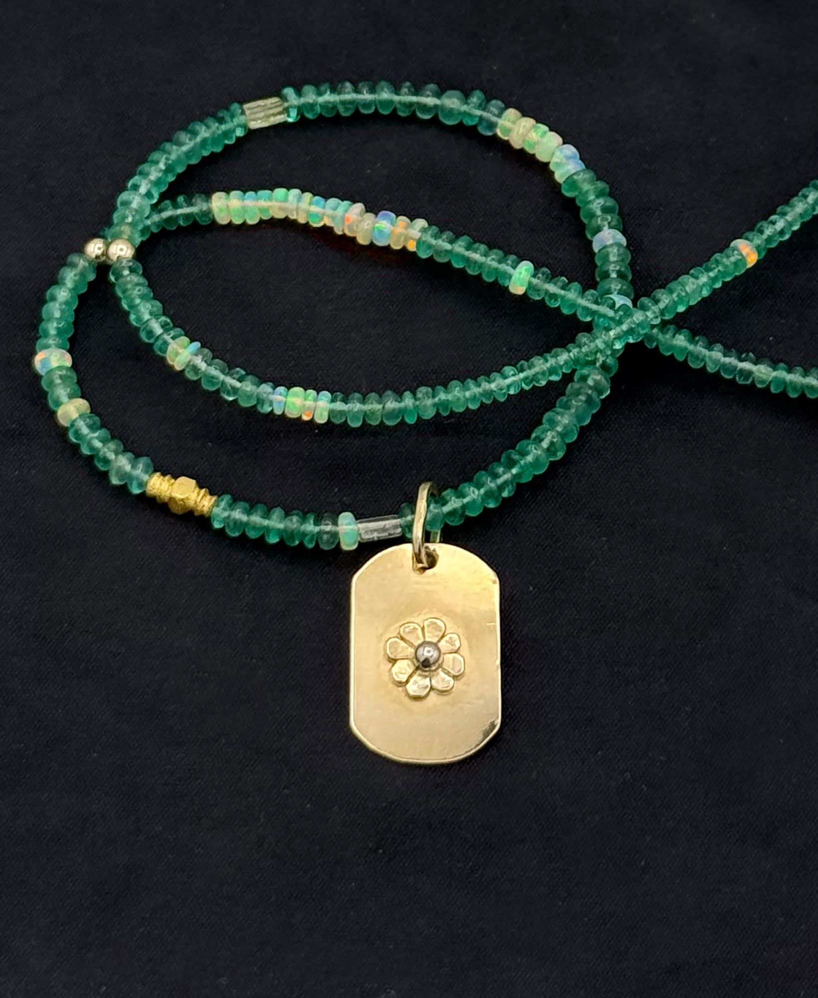 14K, Emerald Necklace with Opals and Flower Dog Tag Pendant, One of a Kind