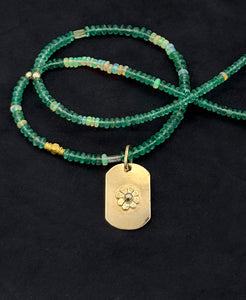 14K, Emerald Necklace with Opals and Flower Dog Tag Pendant, One of a Kind