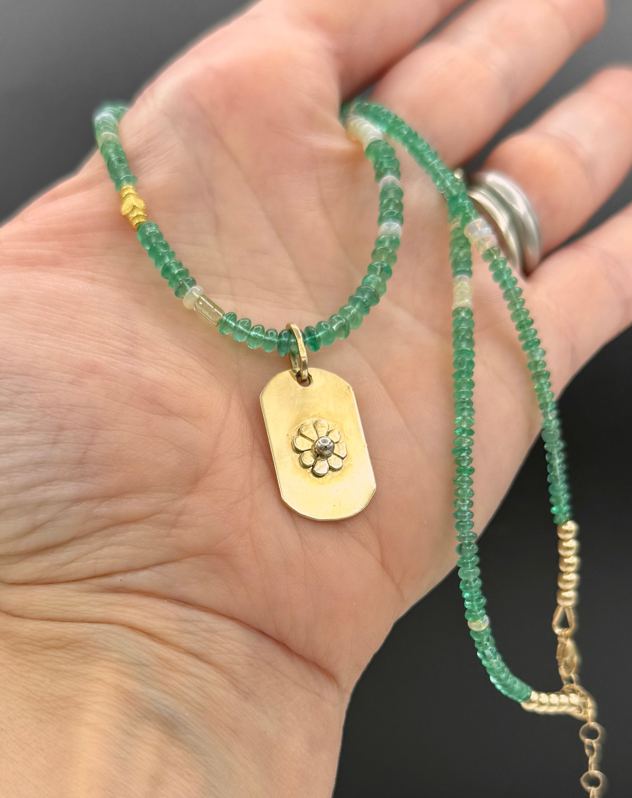 14K, Emerald Necklace with Opals and Flower Dog Tag Pendant, One of a Kind