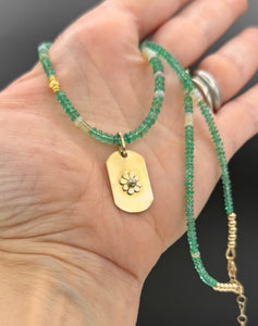 14K, Emerald Necklace with Opals and Flower Dog Tag Pendant, One of a Kind