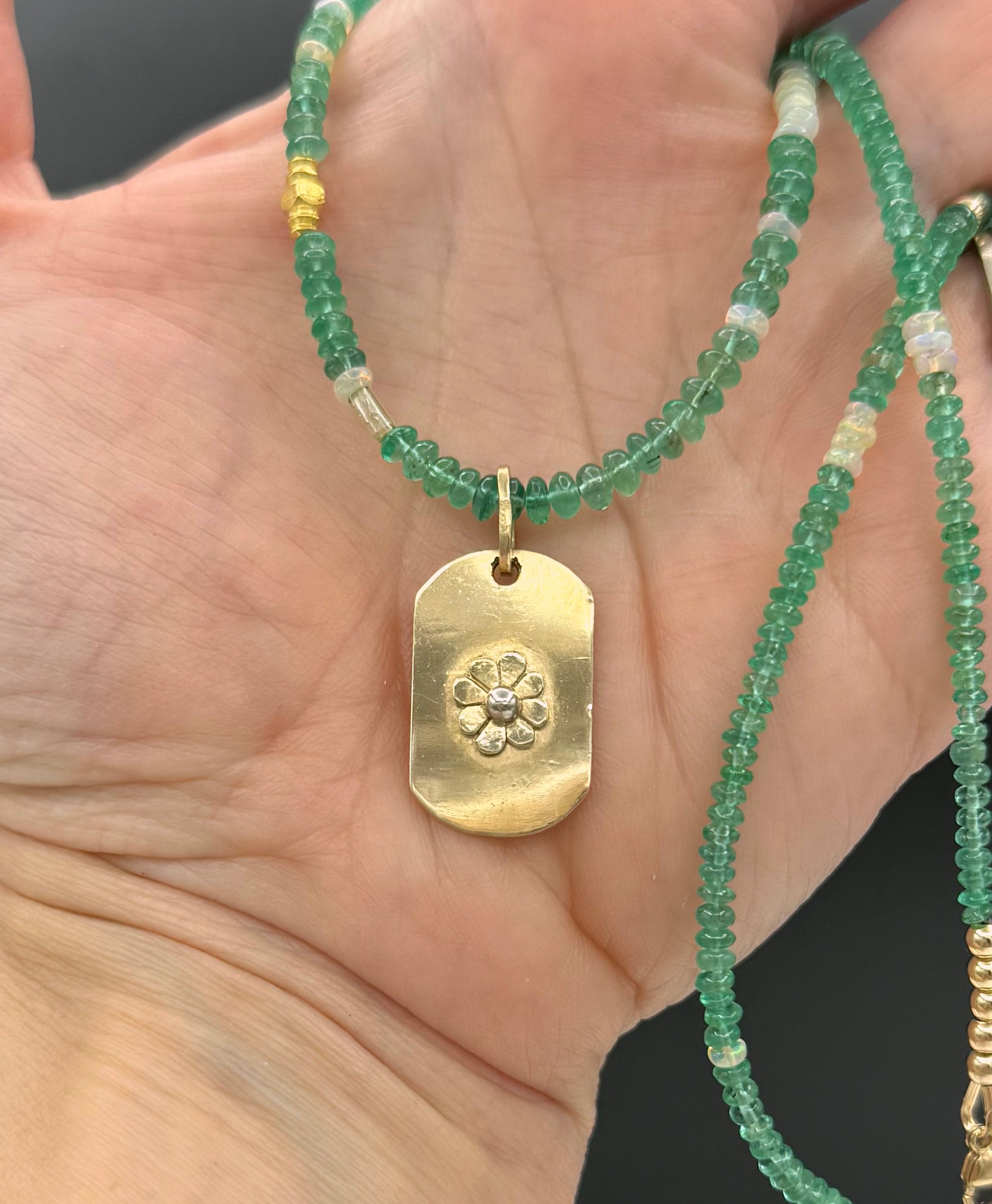 14K, Emerald Necklace with Opals and Flower Dog Tag Pendant, One of a Kind