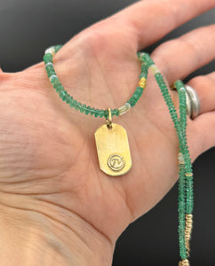 14K, Emerald Necklace with Opals and Flower Dog Tag Pendant, One of a Kind