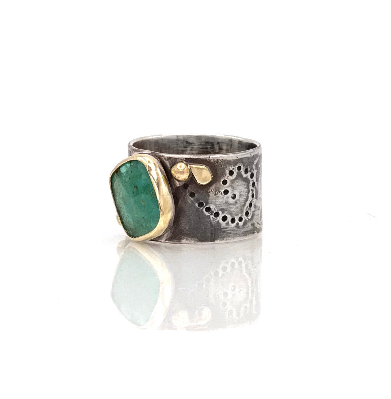 Emerald Halle Ring, Wide Band 14K and Sterling Ring, One of a Kind