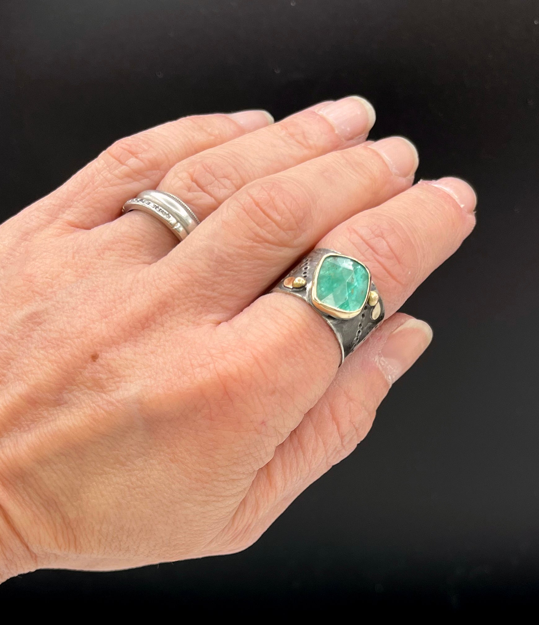 Emerald Halle Ring, Wide Band 14K and Sterling Ring, One of a Kind