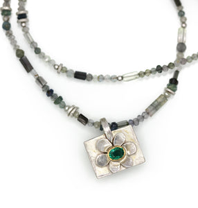 14K, Sterling Silver Gray Tourmaline, Diamond, Sapphire And Emerald Flowers In The Rain Necklace, One of a Kind