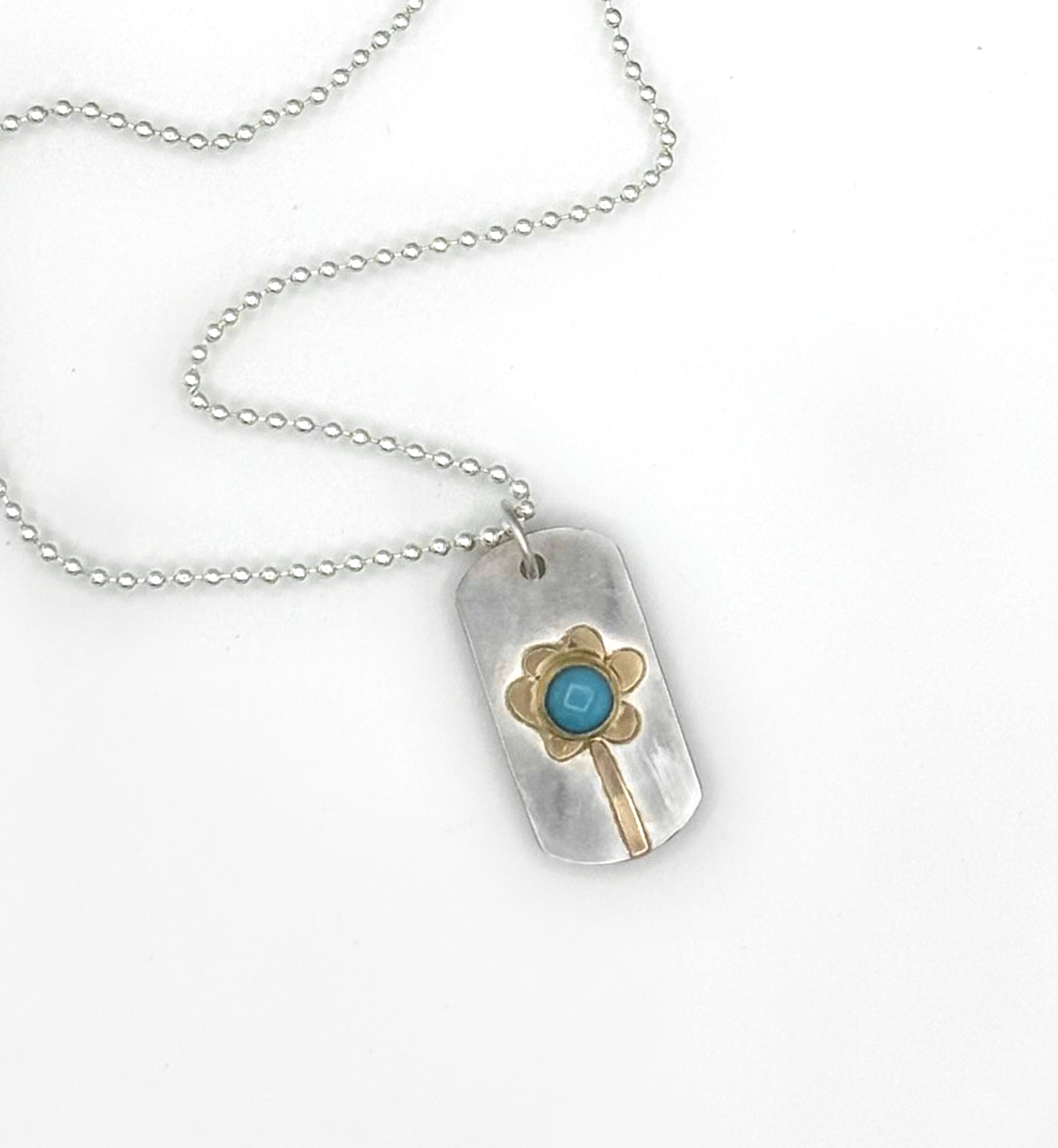 Turquoise Flower Dog Tag Pendant Necklace, 14K Solid Gold and Sterling Silver