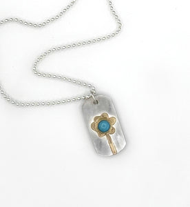 Turquoise Flower Dog Tag Pendant Necklace, 14K Solid Gold and Sterling Silver