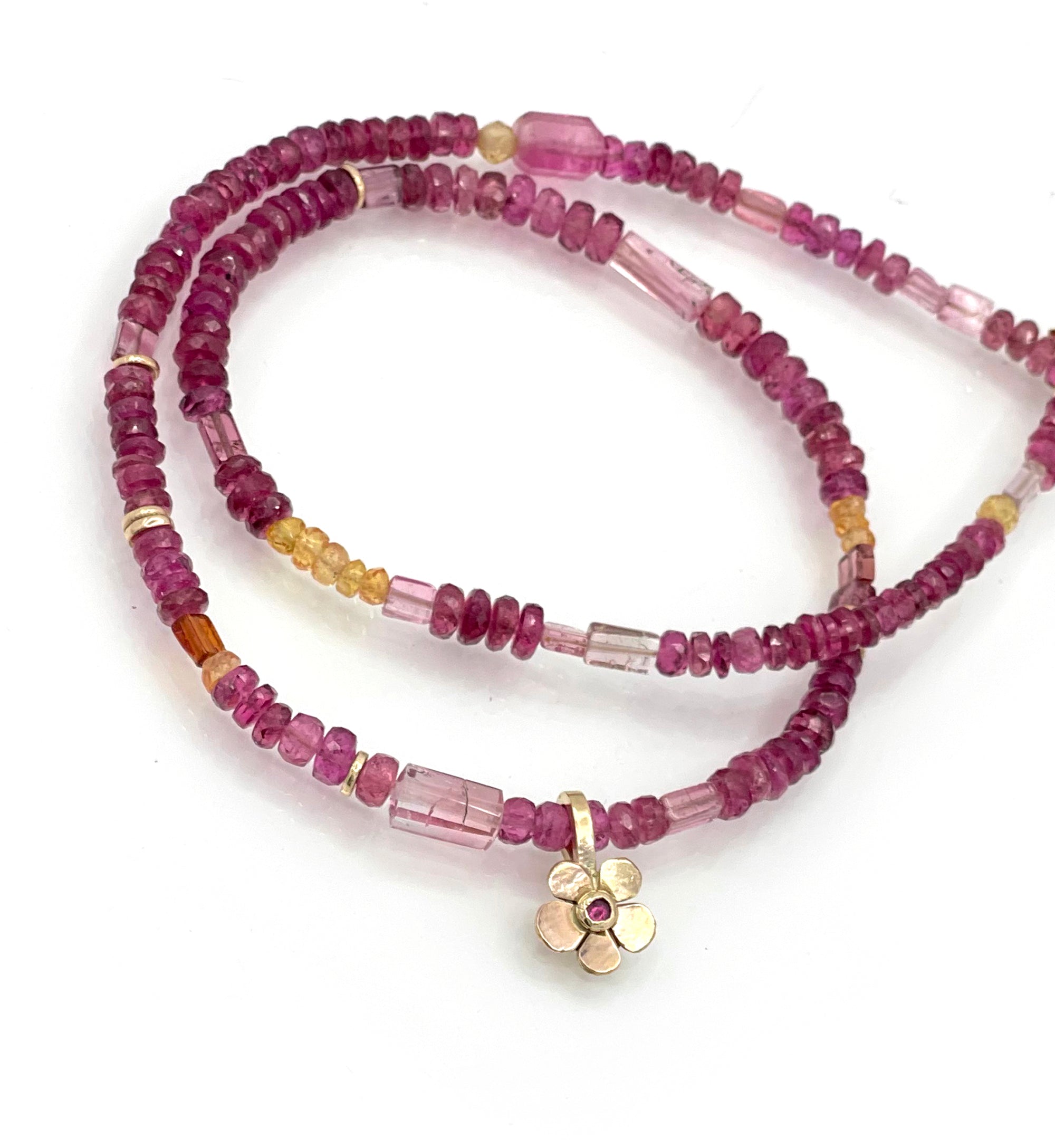 14K Rubellite Tourmaline Summer Flowers Necklace, One of a Kind