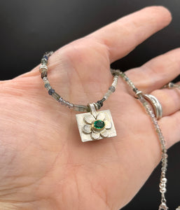 14K, Sterling Silver Gray Tourmaline, Diamond, Sapphire And Emerald Flowers In The Rain Necklace, One of a Kind