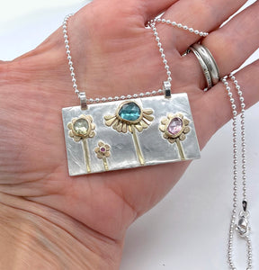 Flower Necklace, Tourmaline, Sapphire and Ruby Flower Garden Pendant, Sterling Silver and 14K, One of a kind