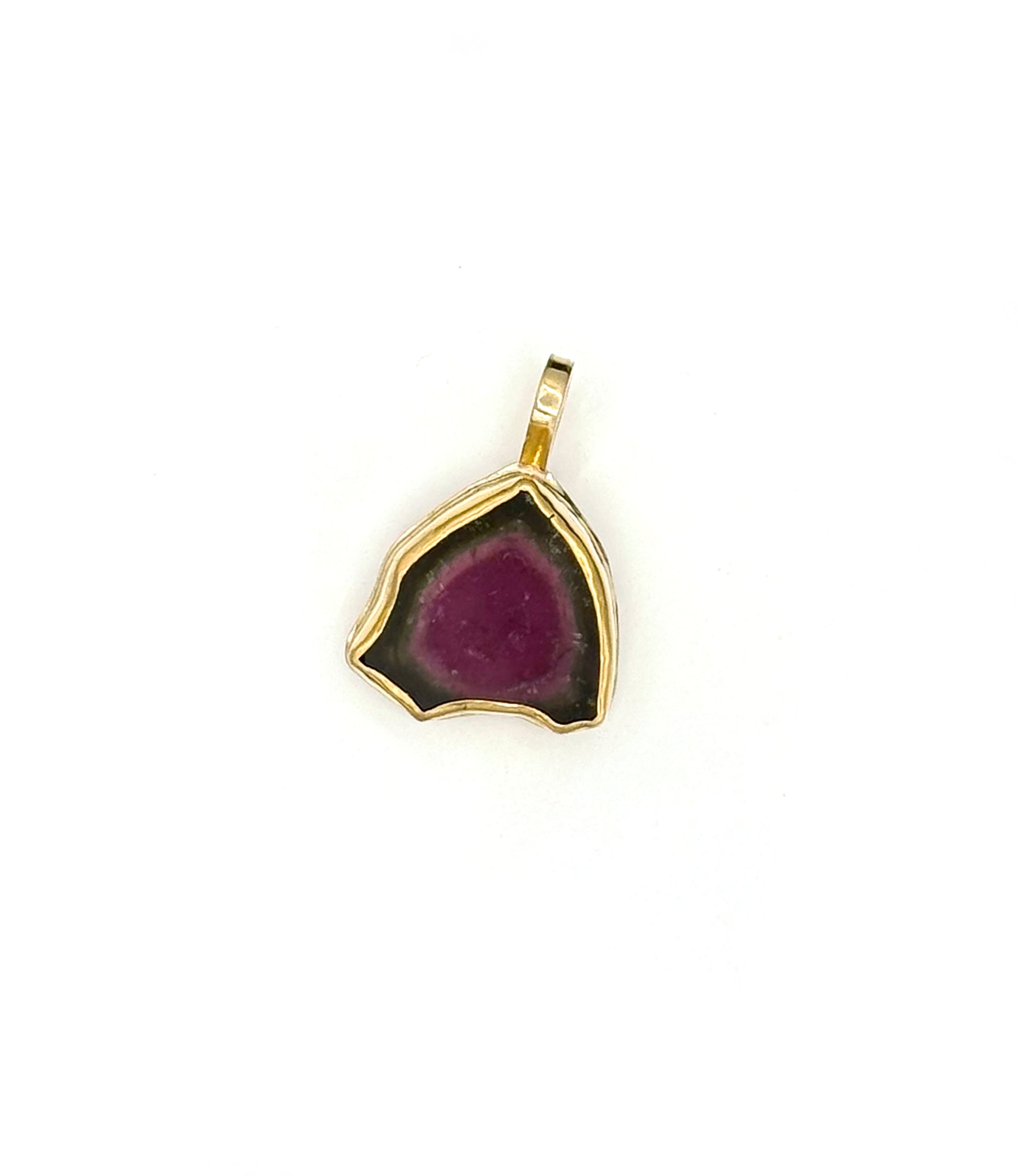 14K Watermelon Tourmaline Pendant, Large Tourmaline Slice, Solid Gold