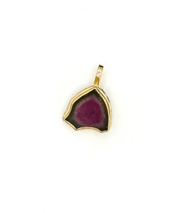 14K Watermelon Tourmaline Pendant, Large Tourmaline Slice, Solid Gold