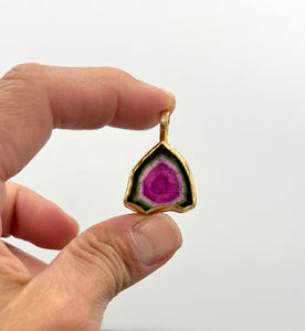 14K Watermelon Tourmaline Pendant, Large Tourmaline Slice, Solid Gold