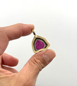 14K Watermelon Tourmaline Pendant, Large Tourmaline Slice, Solid Gold