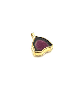 14K Watermelon Tourmaline Pendant, Large Tourmaline Slice, Solid Gold