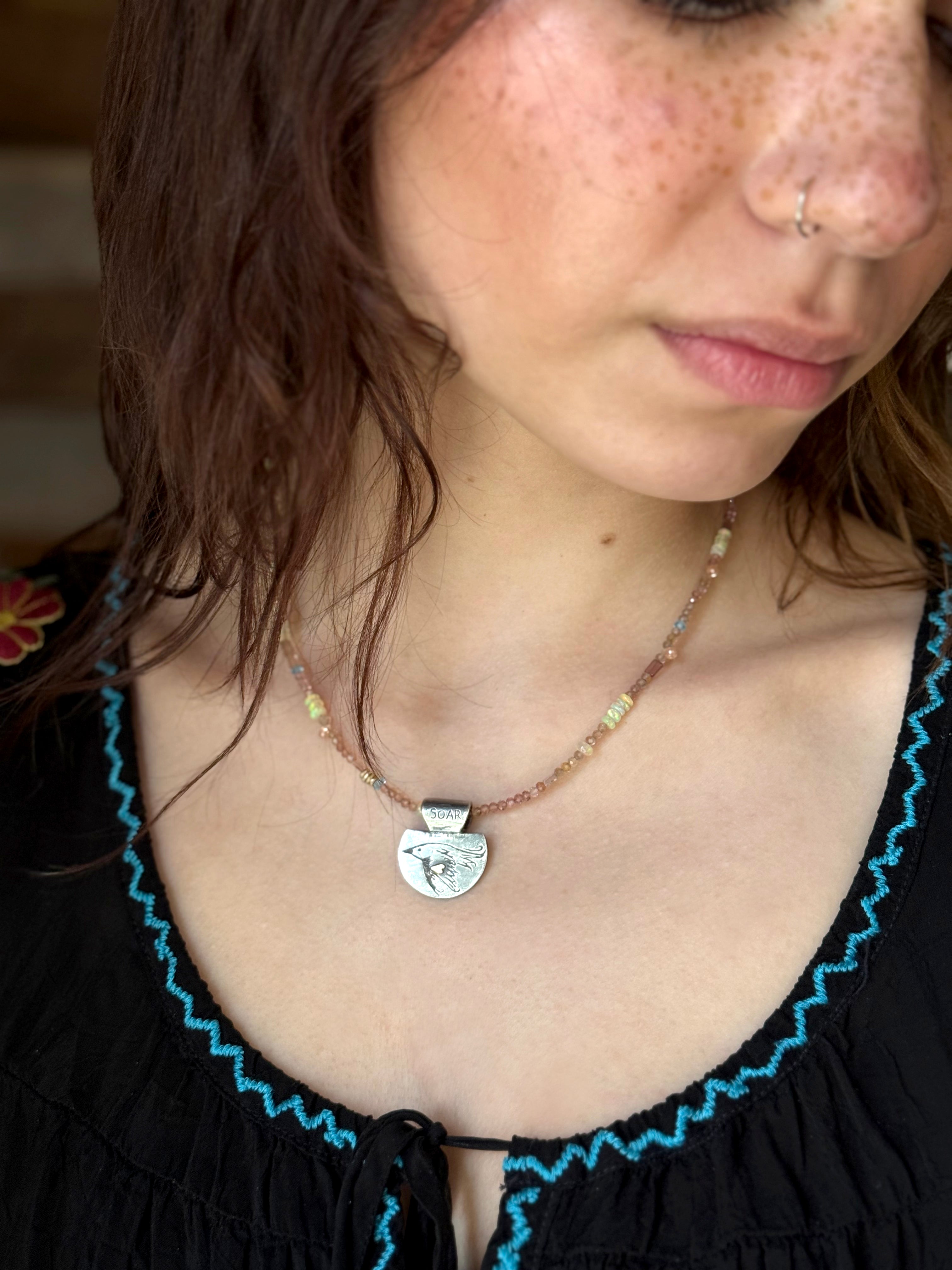 Soaring Bird Necklace in Fine Silver, and 14K Solid Gold, with Tourmaline Chain, One of a Kind