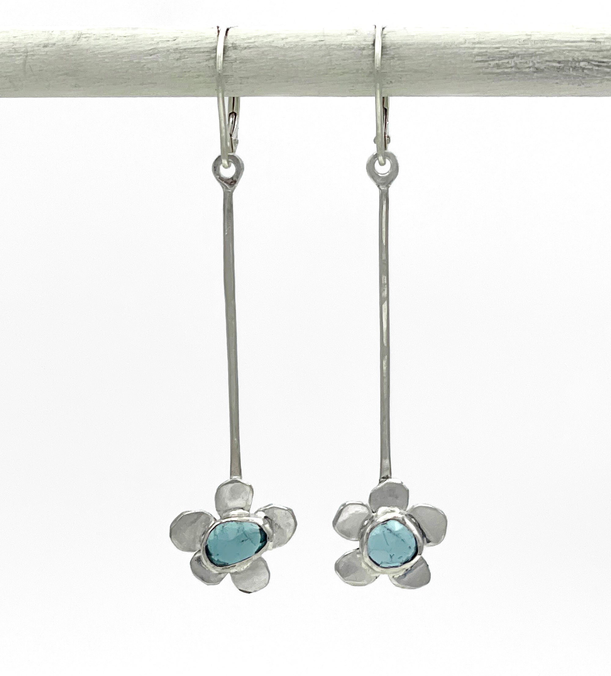 Tourmaline Earrings, Blue Tourmaline Flower Earrings, Sterling Silver
