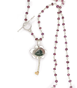 Tourmaline Flower Necklace with Garnet Chain and Toggle, One of a kind