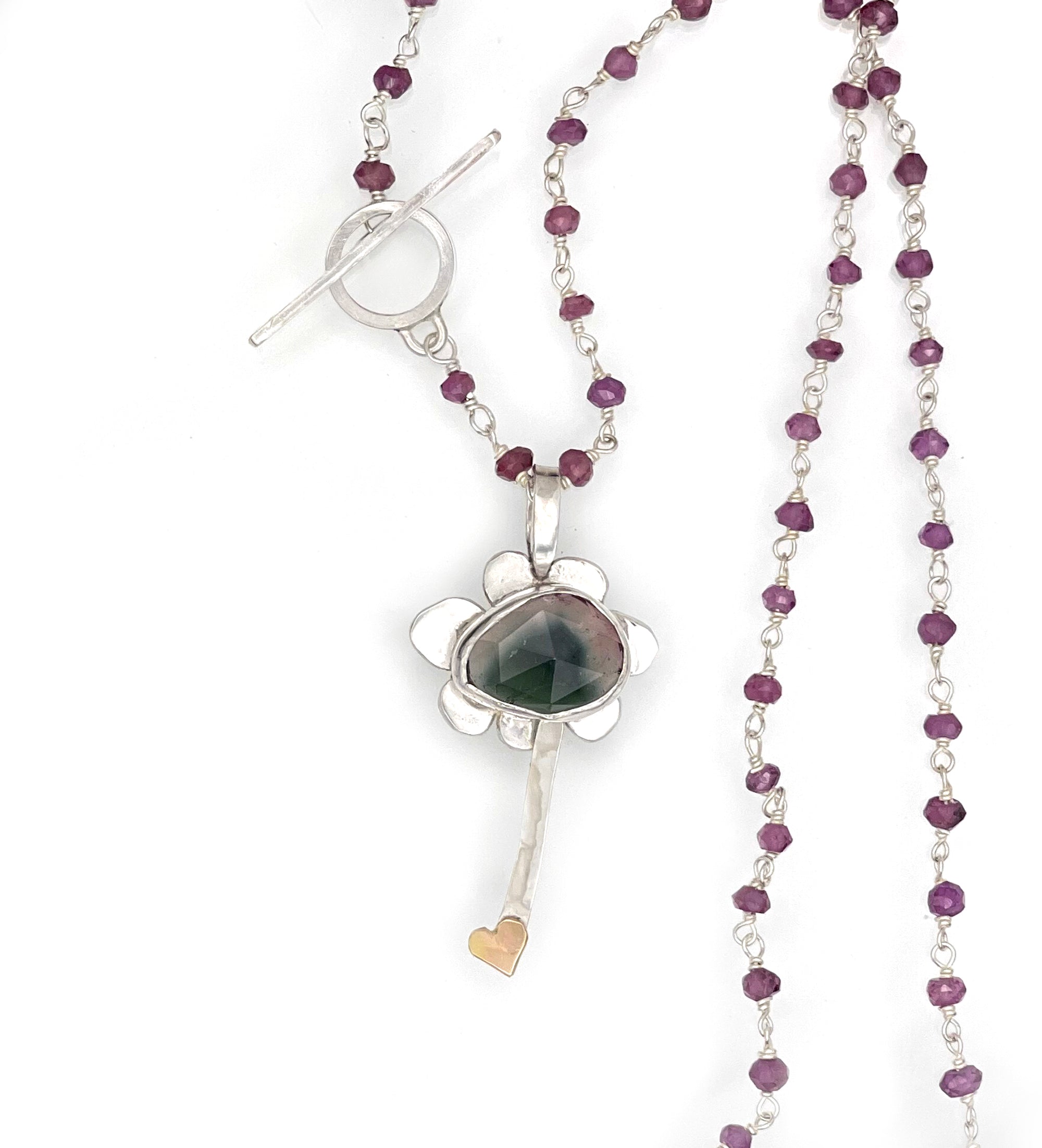 Tourmaline Flower Necklace with Garnet Chain and Toggle, One of a kind