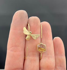 14K Honeybee Honeycomb Earrings, Bumblebee Earrings, Solid Gold
