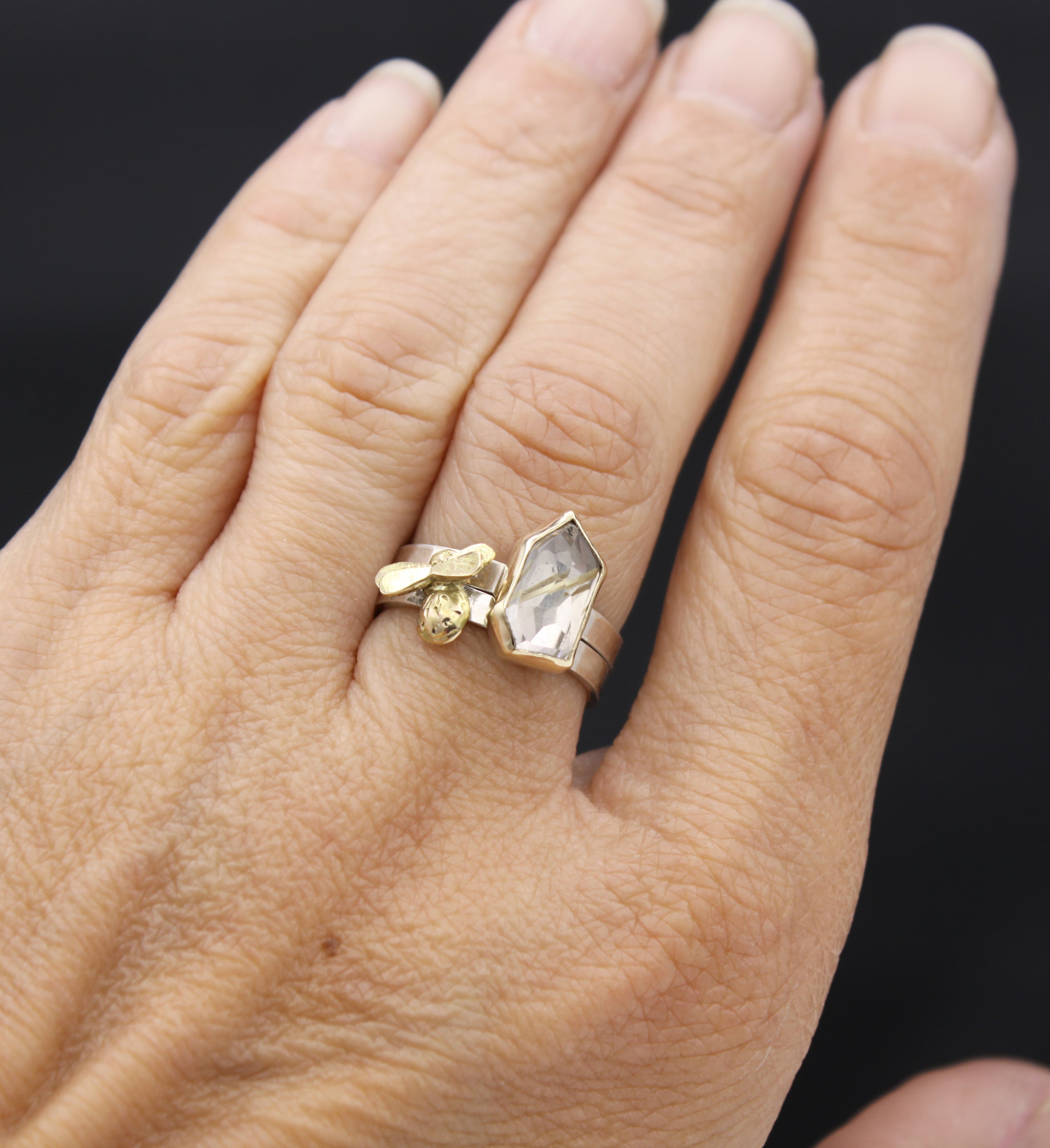 Honeybee and Honeycomb Stacking Ring Set, One of a Kind, 14K and Sterling