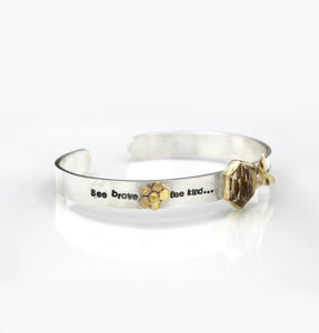 HoneyBee Cuff Bracelet, Sterling Silver and 14K Solid Gold, One of A Kind, Signed Jewelry