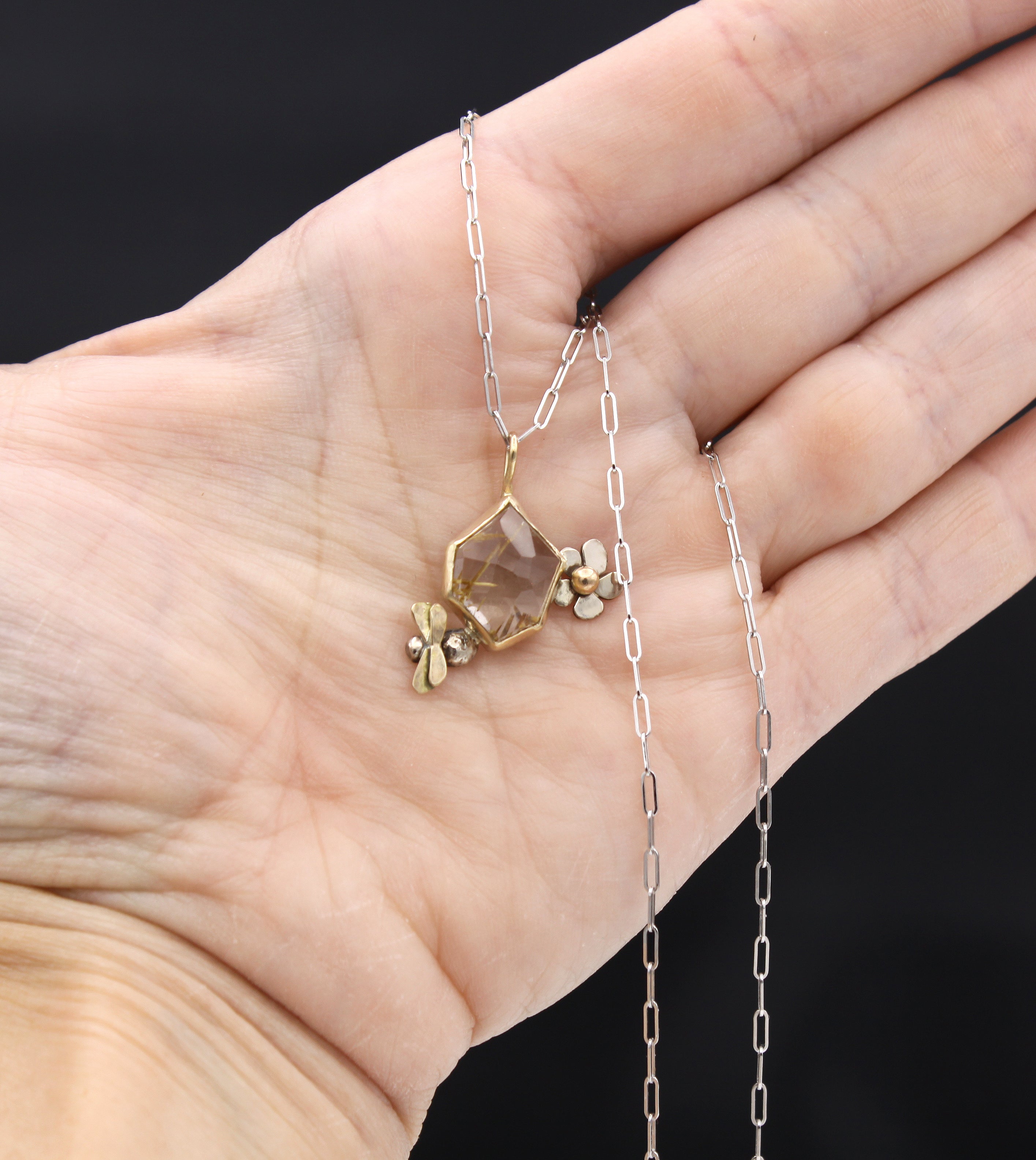 Honeybee and Honeycomb Necklace, Rutilated Quartz Sculptural Necklace, 14K solid gold, One of a Kind