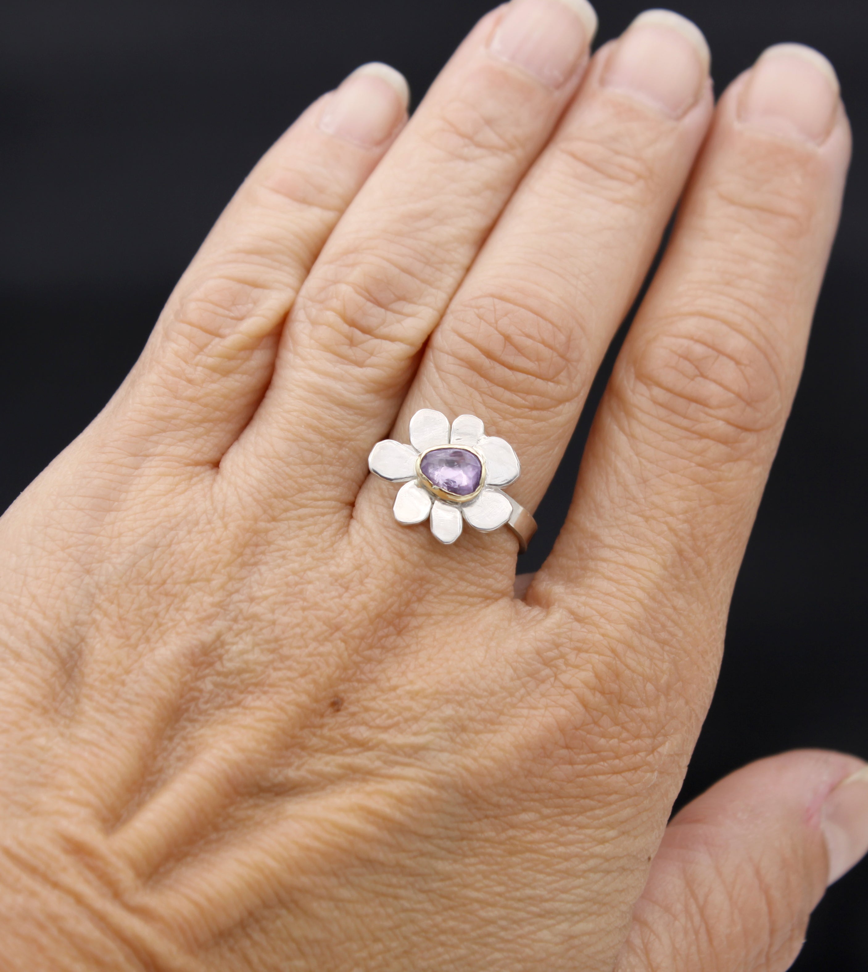 Pink Sapphire Ring, Silver Sapphire Flower Ring, One of a Kind