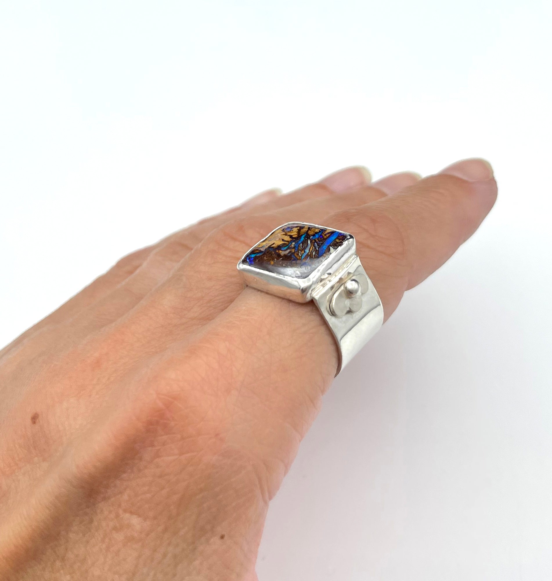 Australian Boulder Opal Ring, Wide Opal Ring in Sterling Silver, One of a Kind