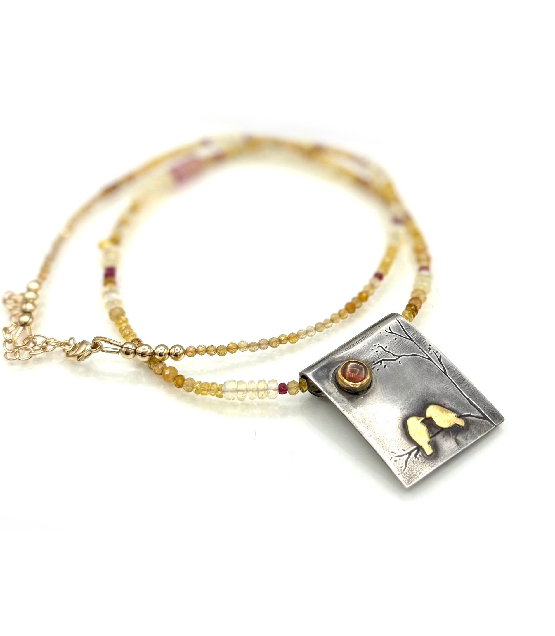Lovebirds At Sunset Necklace with Sunstone in Fine Silver, and 22K Solid Gold, with Sapphire Chain, One of a Kind