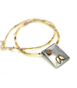 Lovebirds At Sunset Necklace with Sunstone in Fine Silver, and 22K Solid Gold, with Sapphire Chain, One of a Kind