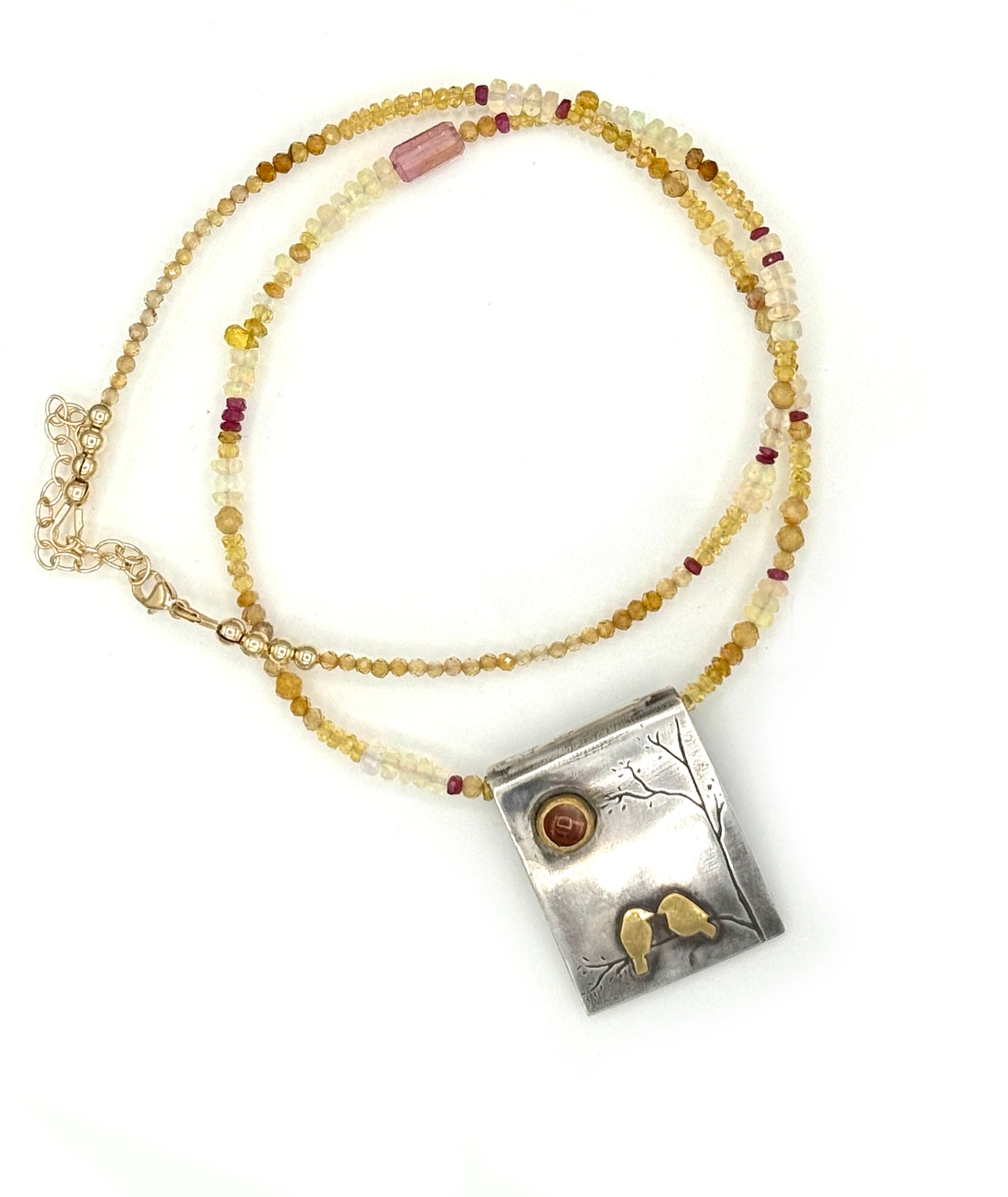 Lovebirds At Sunset Necklace with Sunstone in Fine Silver, and 22K Solid Gold, with Sapphire Chain, One of a Kind