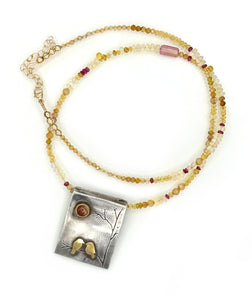 Lovebirds At Sunset Necklace with Sunstone in Fine Silver, and 22K Solid Gold, with Sapphire Chain, One of a Kind