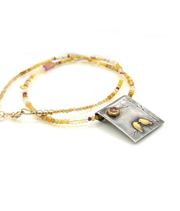 Lovebirds At Sunset Necklace with Sunstone in Fine Silver, and 22K Solid Gold, with Sapphire Chain, One of a Kind