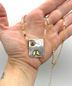 Lovebirds At Sunset Necklace with Sunstone in Fine Silver, and 22K Solid Gold, with Sapphire Chain, One of a Kind