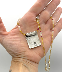 Lovebirds At Sunset Necklace with Sunstone in Fine Silver, and 22K Solid Gold, with Sapphire Chain, One of a Kind