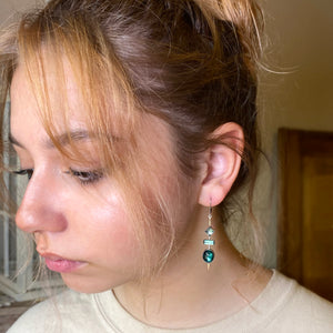14K Blue Tourmaline Earrings, Long Asymmetrical Earrings, White Gold