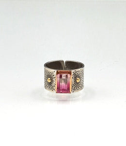 14K Bicolor Tourmaline Statement Ring, Wide Ring, 14K Yellow Gold and Sterling Silver