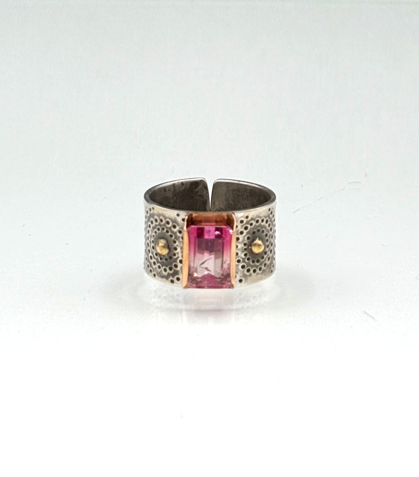 14K Bicolor Tourmaline Statement Ring, Wide Ring, 14K Yellow Gold and Sterling Silver