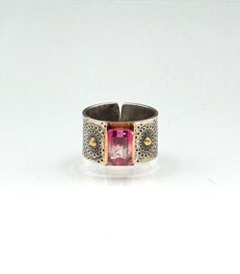 14K Bicolor Tourmaline Statement Ring, Wide Ring, 14K Yellow Gold and Sterling Silver