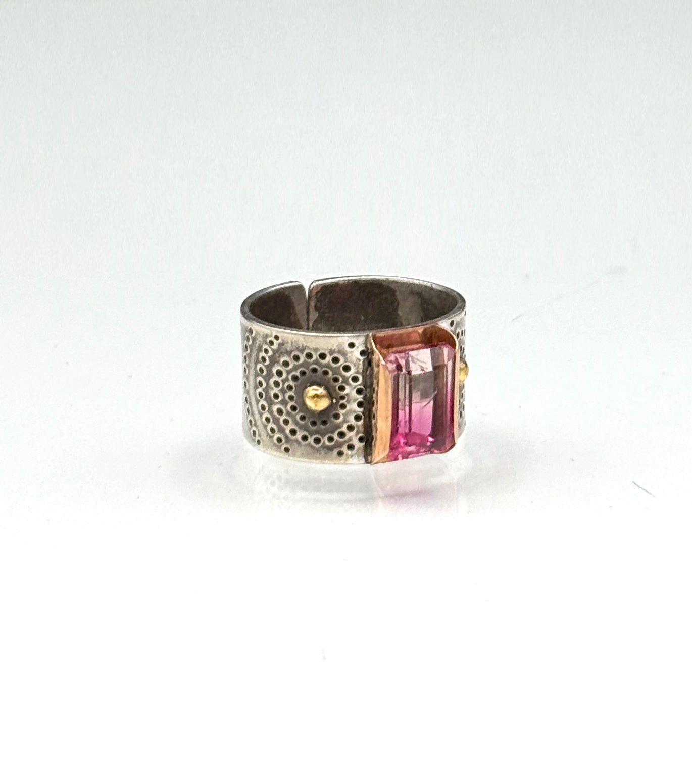 14K Bicolor Tourmaline Statement Ring, Wide Ring, 14K Yellow Gold and Sterling Silver