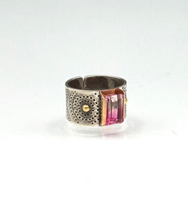 14K Bicolor Tourmaline Statement Ring, Wide Ring, 14K Yellow Gold and Sterling Silver
