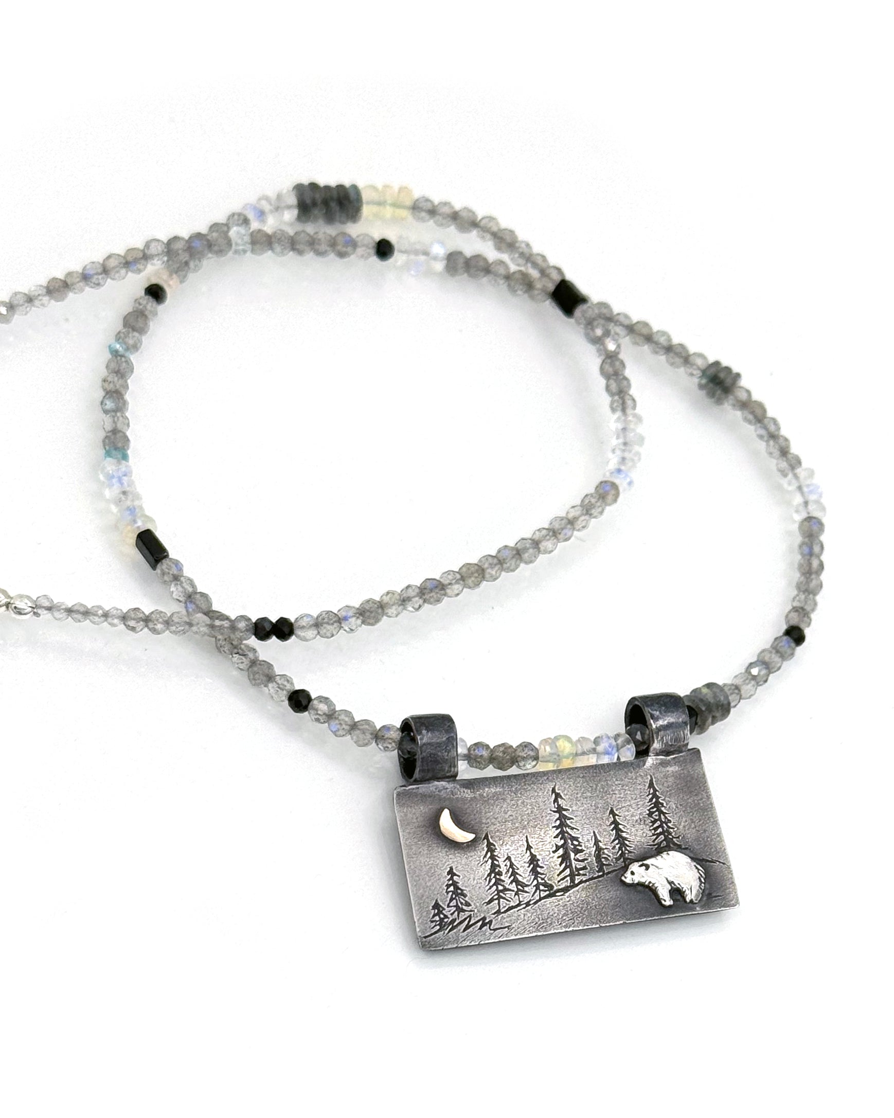 Bear Necklace in Fine Silver and 14K, with Labradorite and Moonstone Chain, One of a Kind