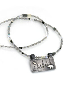 Bear Necklace in Fine Silver and 14K, with Labradorite and Moonstone Chain, One of a Kind