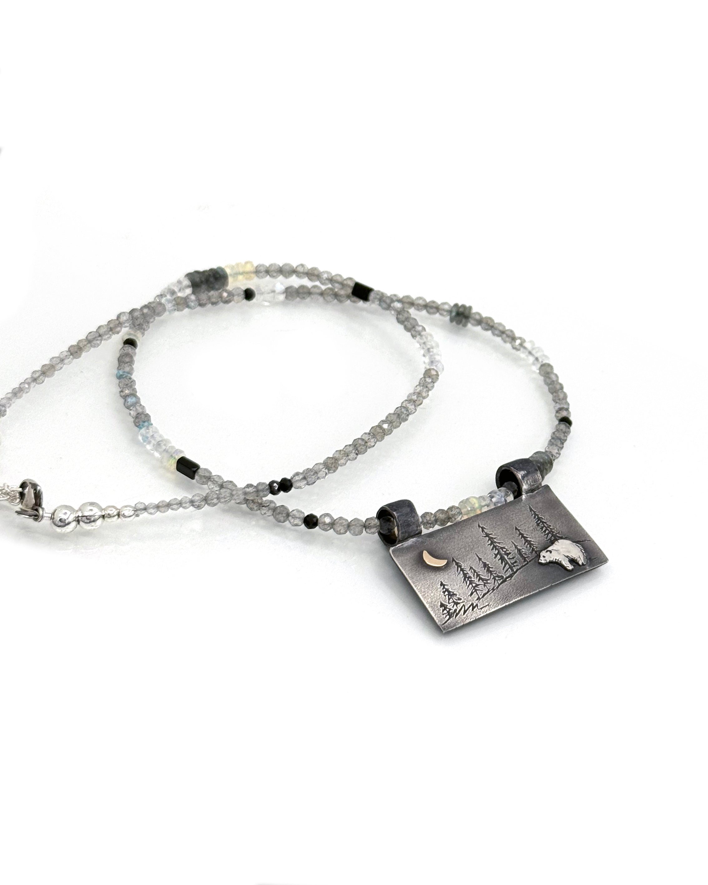 Bear Necklace in Fine Silver and 14K, with Labradorite and Moonstone Chain, One of a Kind